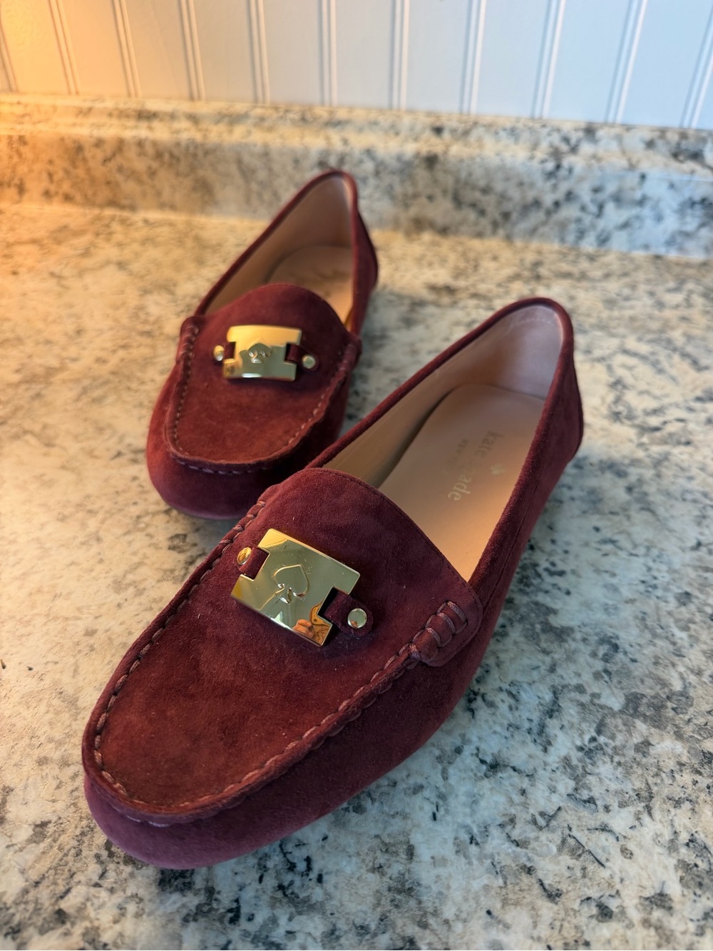 kate spade burgundy wine suede loafers gold charm classy old money